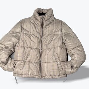 Bershka Plaid Puffer Jacket - Beige and Gray